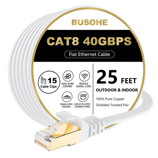 Cat 8 Ethernet Cable 25 FT, 40Gbps 2000Mhz High Speed Flat Cat8 Cable Patch Cord with Gold-Plated RJ45 Connector, LAN Network Internet Cable with 15 Clips for Router/Gaming/Computer, S/FTP
